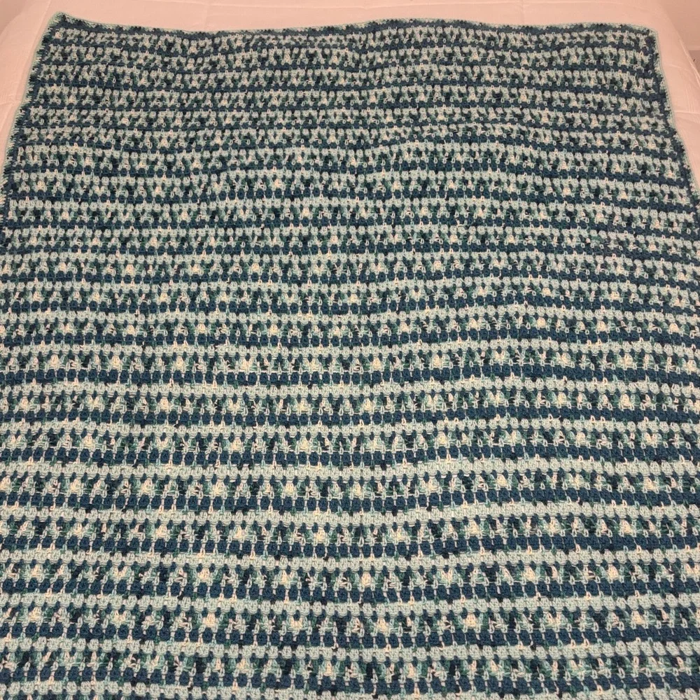 Handmade Crochet Blanket Throw Quilt Sea Glass Coastal Blue Aqua Green 56” X 54”